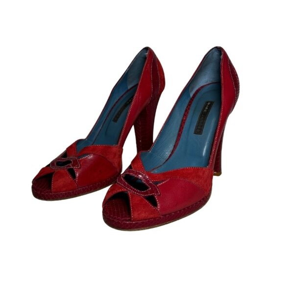 Marc Jacobs Red Leather & Suede Peep-Toe Pumps – Size 8.5 - Picture 3 of 16